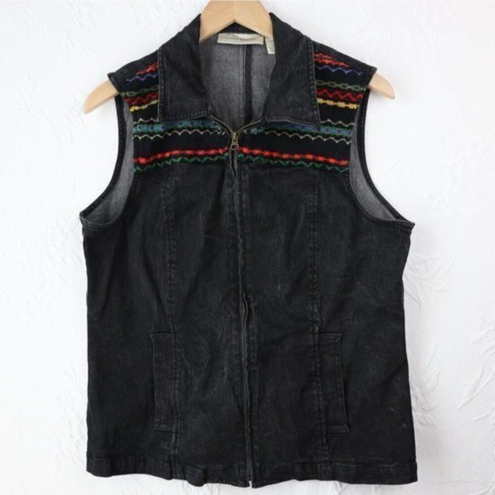 Susan Bristol Black Denim Vest Shirt L Top Full Zip Sweater Knit Detail Large